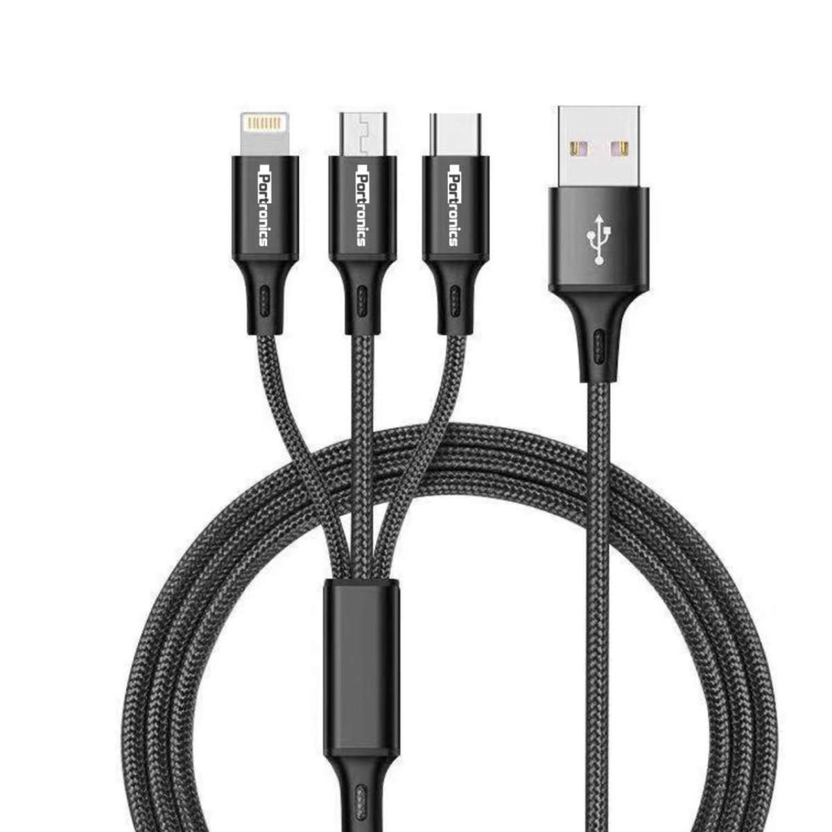 Portronics Konnect-Trio Plus 3-in-1 Multi-Functional Charging Cable for Android, iOS and Type C Devices (1.2m) (Black)